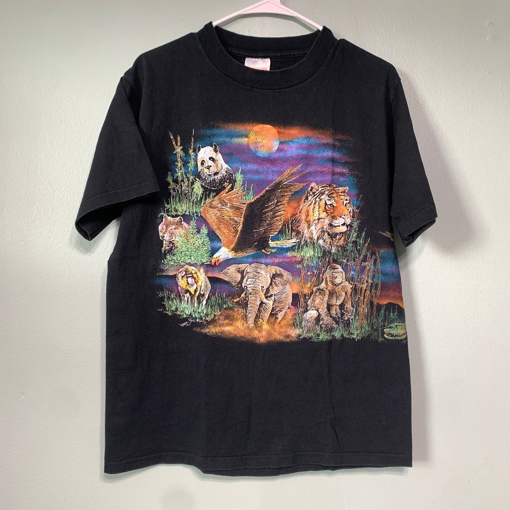 Hazelwood Mens M T-Shirt Vintage 90s Wildlife Animals Black Made in USA Graphic